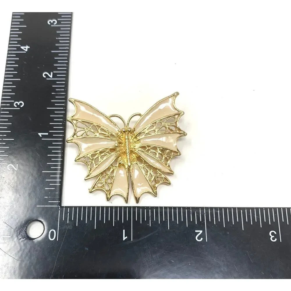 Vintage 1970's Gold Tone & Enamel Butterfly Brooch Filigree Openwork Lepidoptera
